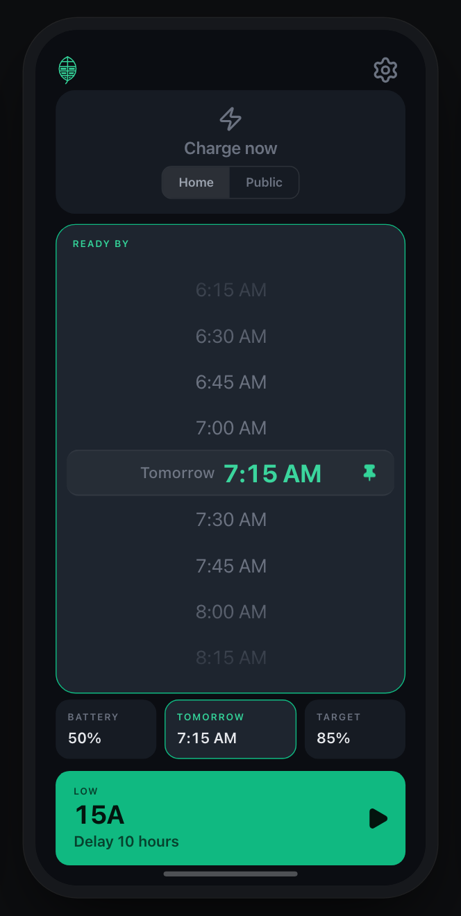The ready-by wheel open, set to tomorrow at 7:15 AM, with the same 15A plan below it.