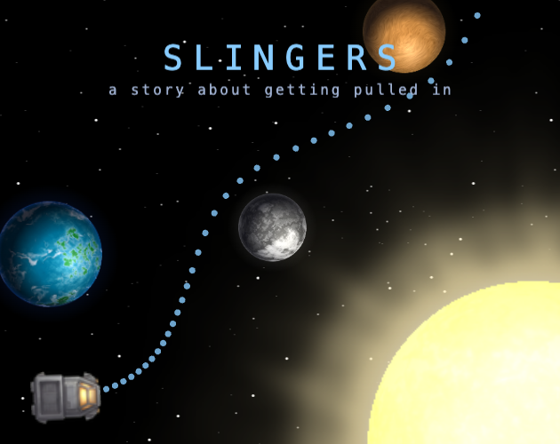Slingers cover art: a small ship launching from a relay, its dotted trajectory curving past a moon and a gas giant toward a bright sun.