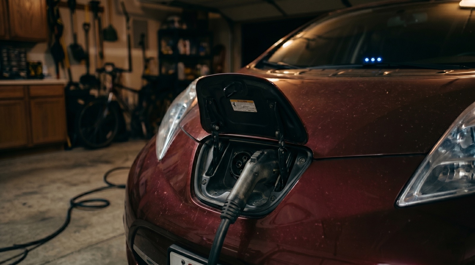 Burgundy Nissan Leaf plugged in to charge in a dim residential garage at night, three blue dashboard indicator lights glowing through the windshield