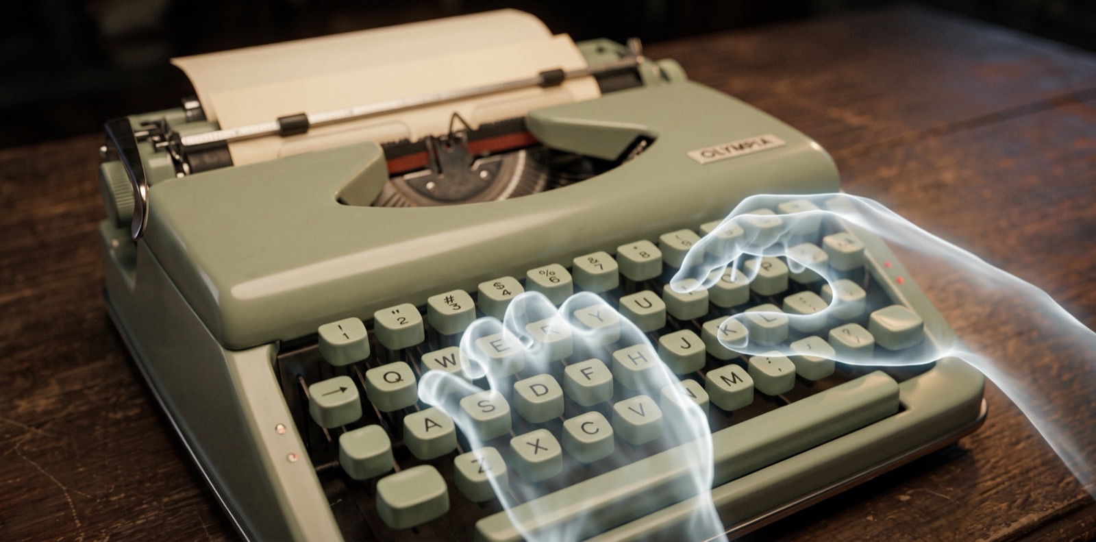 Two hands made of vapour resting over the keys of a typewriter, touching nothing