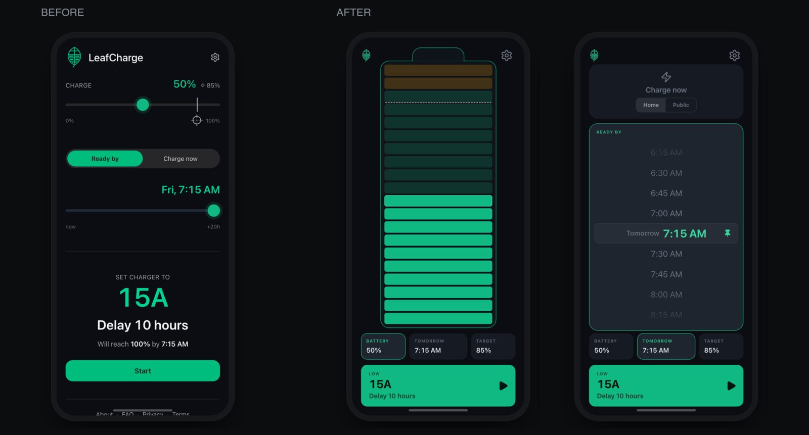 LeafCharge before and after: one screen with two horizontal sliders, then two screens, a tall battery you tap and a spin wheel for the time