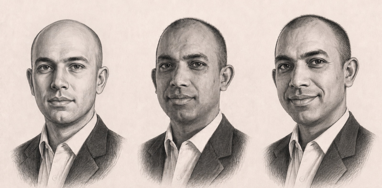 Three charcoal portraits of the same man, left to right: an averaged, anonymous version; his real face; and a caricature with his features amplified