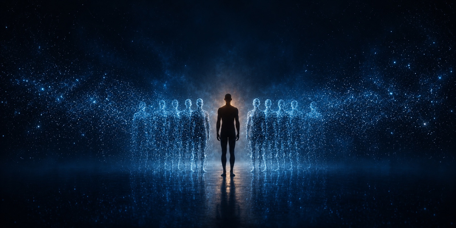 A figure stands whole while versions of itself dissolve into points of blue light on either side