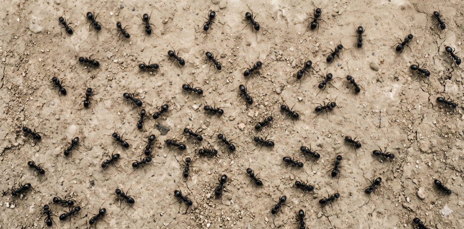Dozens of ants scattered across bare earth, moving in every direction with no pattern or order
